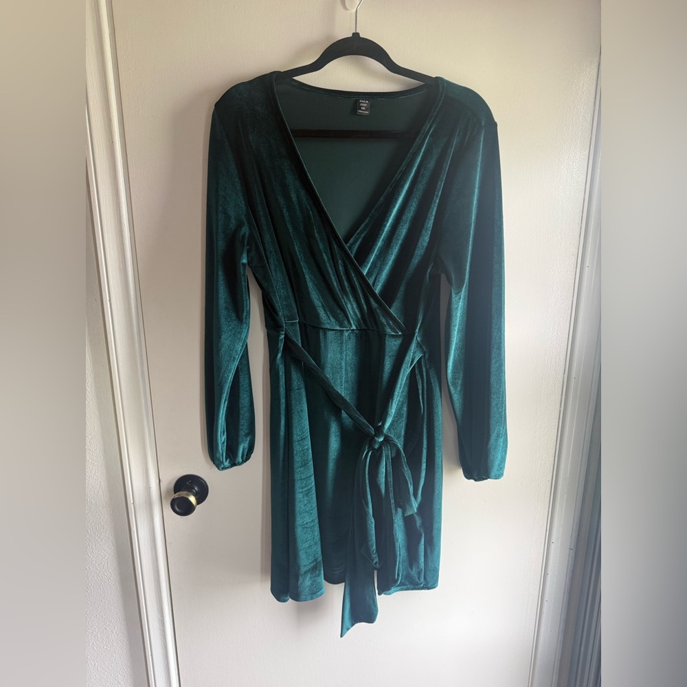 SHEIN Emerald Green Velvet Wrap Dress - Long Sleeve